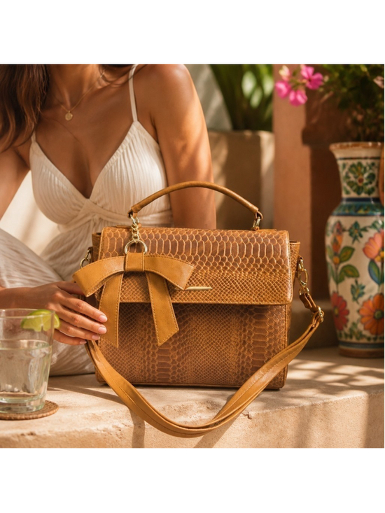 Handmade Handbags - Bow Cognac Brown Snake Skin Embossed Tooled Artisan Cowhide LEATHER Bag Purse